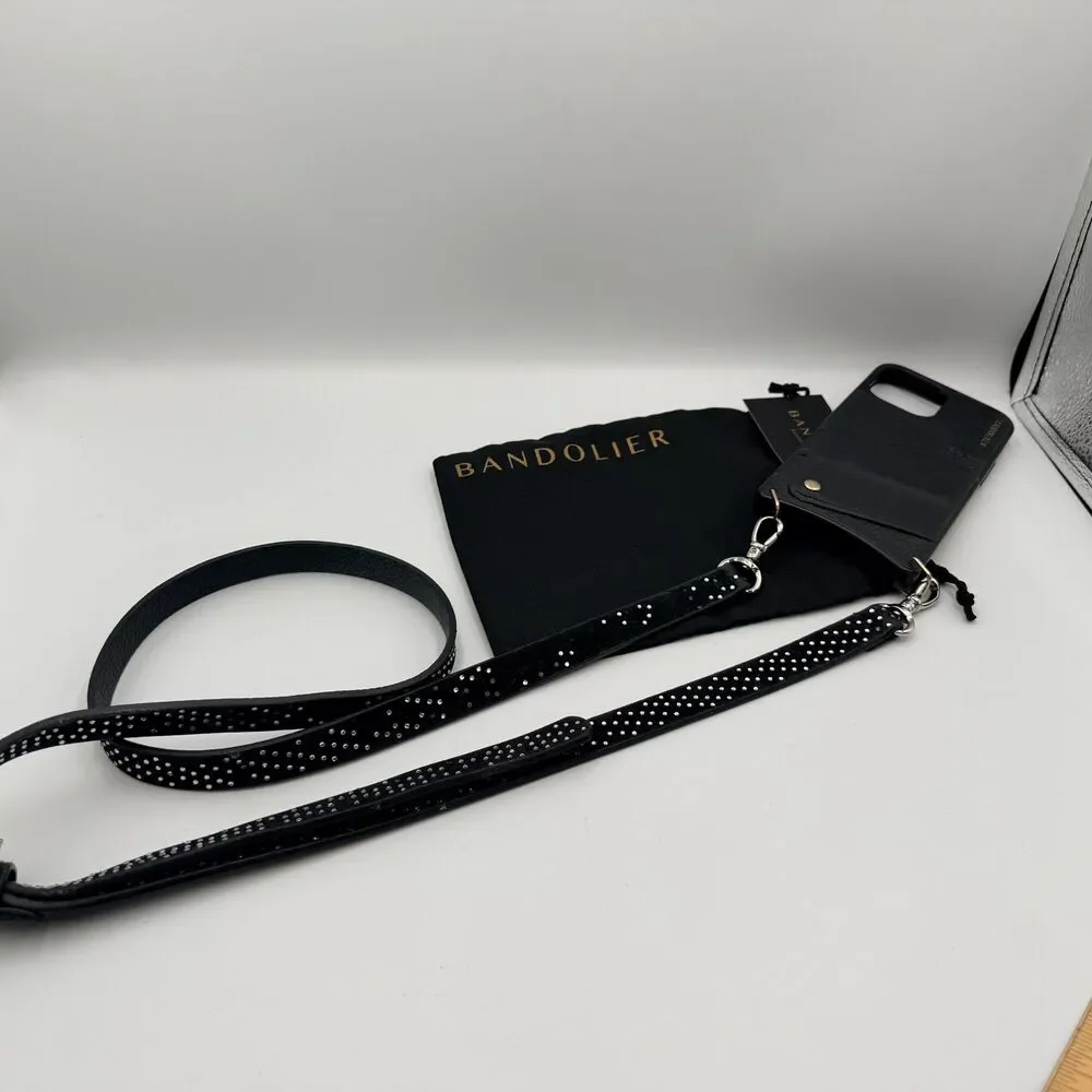 BANDOLIER Black Leather Crossbody iPhone 13/14 Pro Max Case; Rhinestone Strap - Picture 10 of 13